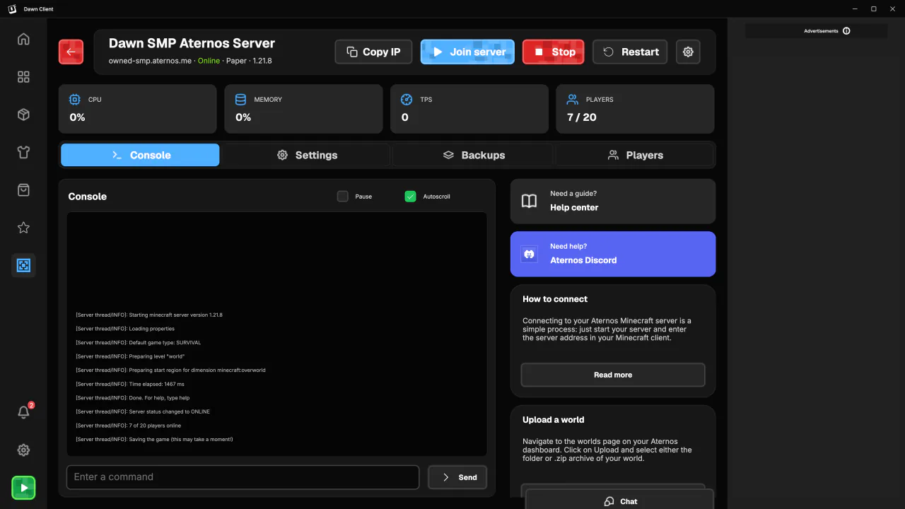 Aternos server console with logs and commands inside Dawn