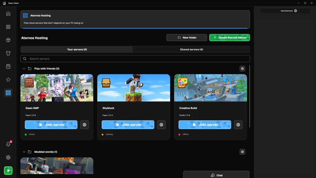 Aternos server controls in Dawn