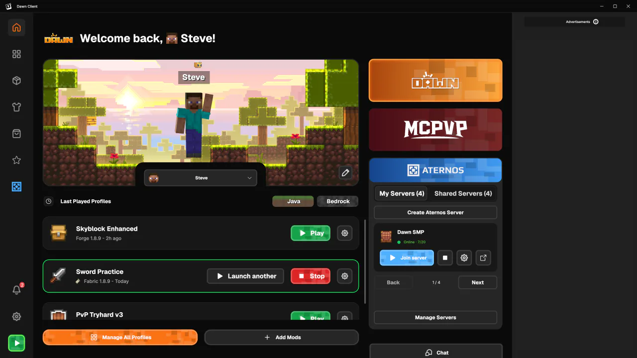 Dawn launcher homepage with Steve, recent profiles, friends, MCPVP and Aternos