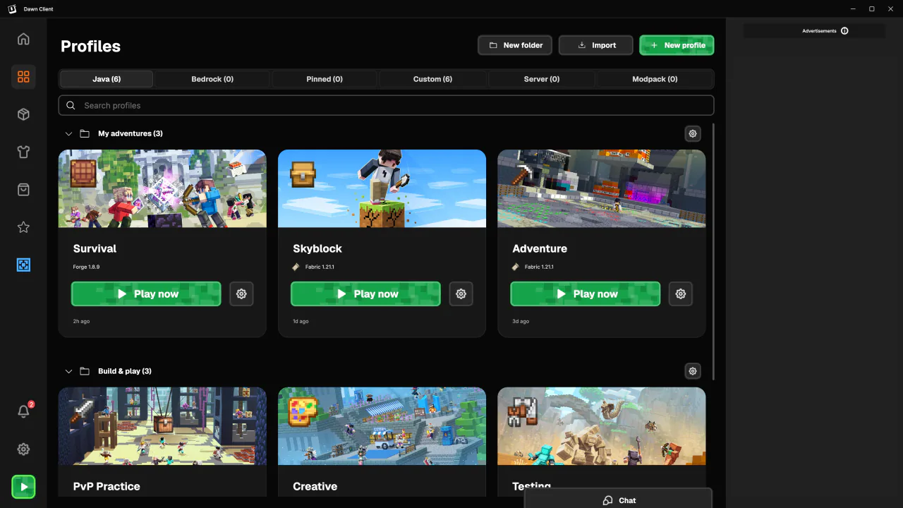 Dawn profile folders with three profiles per row and custom icons and banners