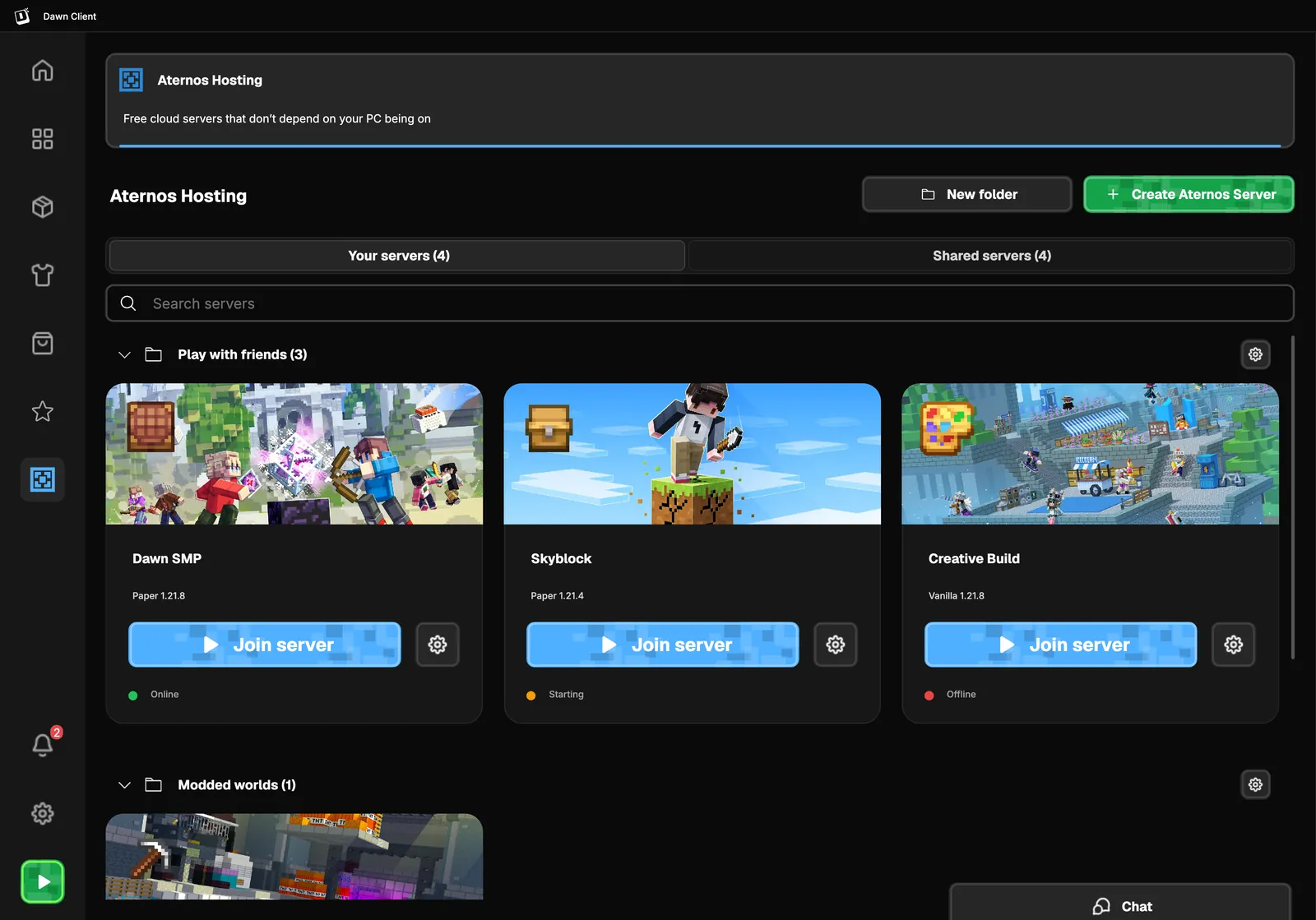 Aternos Hosting in Dawn with server folders, Join server buttons and online, starting and offline states
