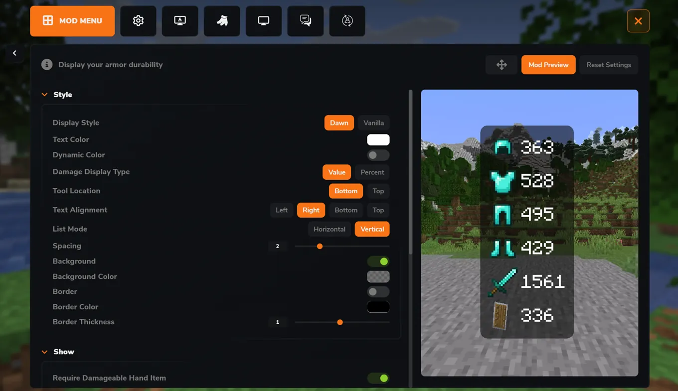 Dawn Client mod menu with Armor Status style settings and a live in-game preview