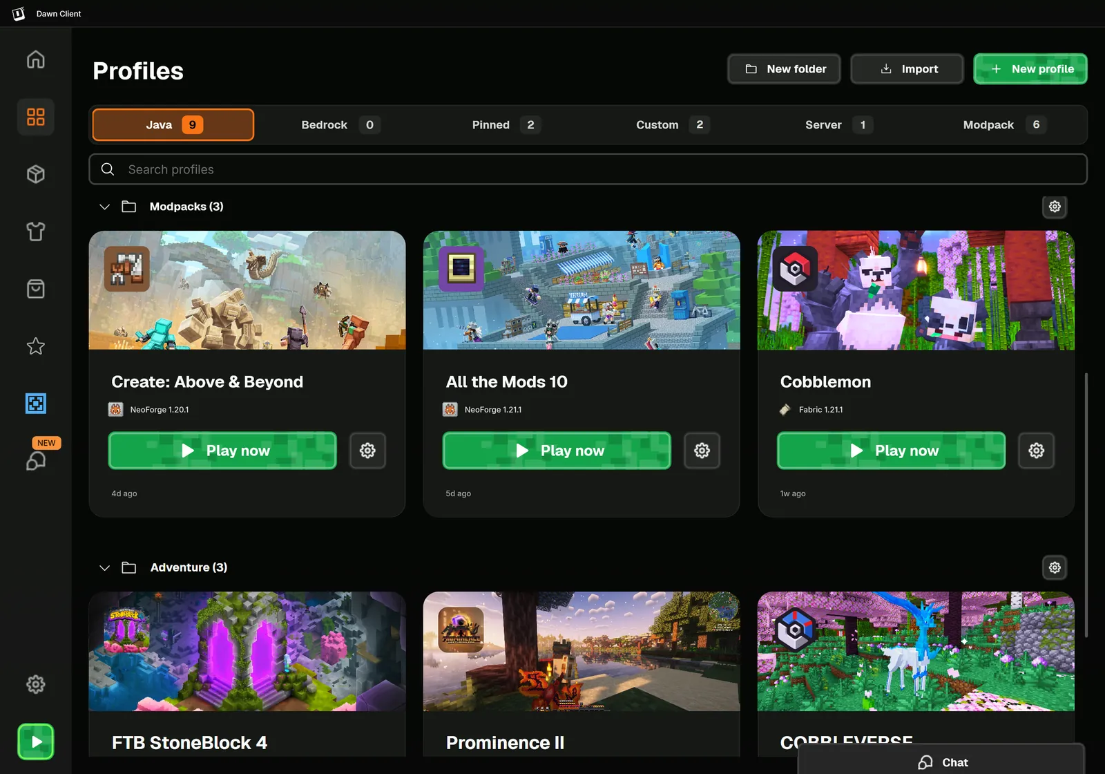 Dawn Profiles page with Create: Above & Beyond, All the Mods 10, Cobblemon, FTB StoneBlock 4, Prominence II and COBBLEVERSE modpack profiles