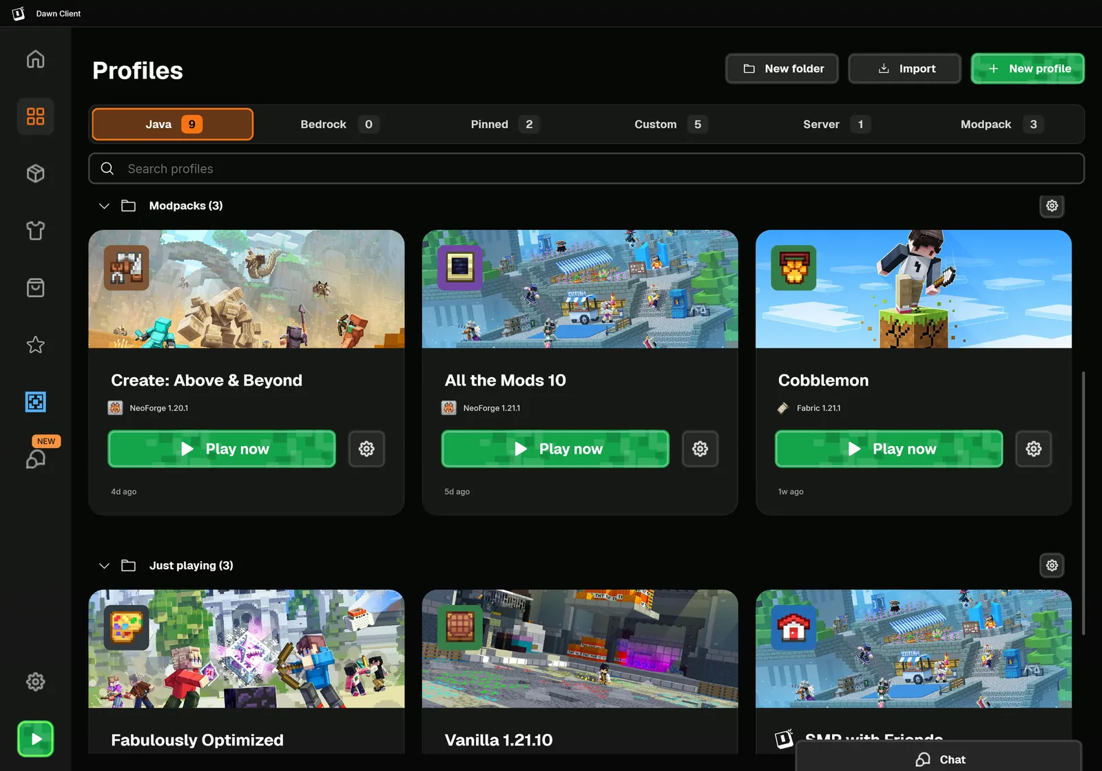 Dawn Profiles page with a Modpacks folder holding Create: Above & Beyond, All the Mods 10 and Cobblemon