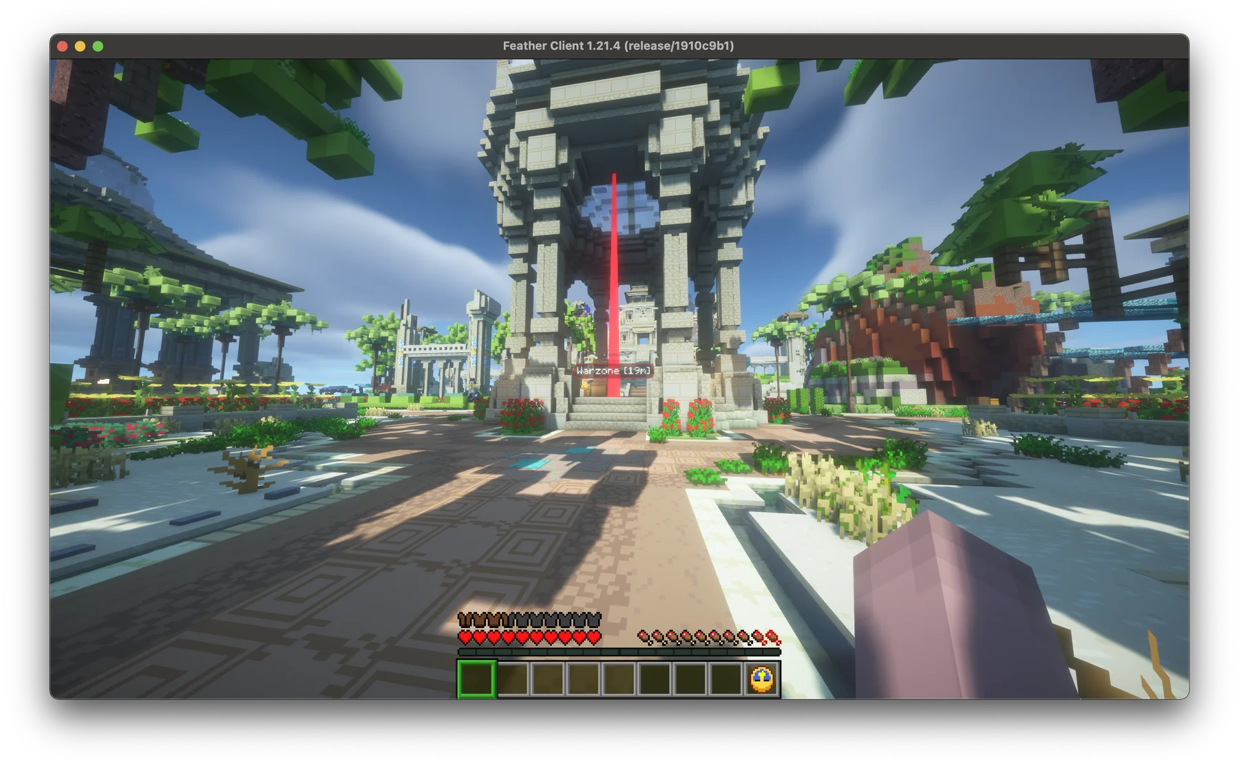 A Minecraft world with several waypoints visible, displaying different colors and labels.